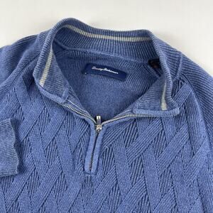 Tommy Bahama Sweater Men’s X Large 1/4 Zip Blue 100% Cotton Cable Knit Pullover